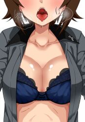 Rule 34 | 1girl, blush, bra, breast focus, breasts, brown hair, cleavage, close-up, collarbone, female focus, girls und panzer, head out of frame, heavy breathing, highres, lace, lace-trimmed bra, lace trim, large breasts, lingerie, nishizumi maho, open clothes, open mouth, open shirt, saliva, short hair, solo, steam, teeth, tongue, tongue out, umeta shirisuke, underwear, uvula