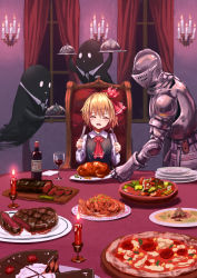 Rule 34 | 1girl, :d, ^ ^, alcohol, armor, ascot, black vest, blonde hair, blush, bottle, cake, candle, chair, chicken (food), closed eyes, commentary request, crown, cup, curtains, cutting board, drinking glass, facing viewer, fang, food, ghost, hair ribbon, hands up, highres, holding, holding plate, indoors, knight, long sleeves, meat, mini crown, open mouth, pasta, pizza, plate, red ascot, red ribbon, ribbon, roke (taikodon), rumia, salad, serving dome, shirt, short hair, smile, spaghetti, steak, table, tablecloth, touhou, upper body, vest, white shirt, window, wine, wine bottle, wine glass