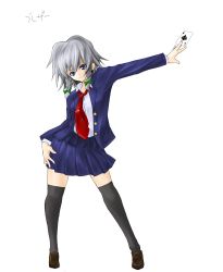 Rule 34 | 1girl, absurdres, ace (playing card), ace of spades, alternate costume, blue eyes, braid, card, female focus, highres, holding, holding card, izayoi sakuya, memento vivi, necktie, playing card, school uniform, short hair, silver hair, simple background, smile, solo, spade (shape), thighhighs, touhou, twin braids, white background