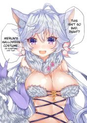 Rule 34 | 1girl, absurdres, ahoge, animal ears, blush, breasts, cleavage, cosplay, elbow gloves, fang, fate/grand order, fate/stay night, fate (series), fur trim, genderswap, genderswap (mtf), gloves, halloween, halloween costume, hard-translated, highres, large breasts, long hair, looking at viewer, mash kyrielight, mash kyrielight (dangerous beast), mash kyrielight (dangerous beast) (cosplay), merlin (fate/stay night), miu snpi, navel, open mouth, purple eyes, simple background, smile, solo, speech bubble, third-party edit, translated, white background, white hair, wolf ears