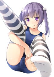 Rule 34 | 1girl, foot focus, foreshortening, full body, hair bobbles, hair ornament, highres, long hair, looking at viewer, one-piece swimsuit, original, pov, purple eyes, purple hair, school swimsuit, shibacha (shibacha 0728), simple background, sitting, solo, striped clothes, striped thighhighs, swimsuit, thighhighs, tongue, tongue out, twintails, white background