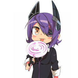Rule 34 | 10s, 1girl, blush, breasts, candy, eyepatch, food, gloves, headgear, kanikama, kantai collection, licking, lollipop, necktie, purple hair, school uniform, short hair, simple background, small breasts, solo, swirl lollipop, tenryuu (kancolle), tongue, white background, yellow eyes