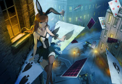 Rule 34 | 1girl, animal ears, black skirt, black thighhighs, bodice, brick wall, brooch, brown hair, building, card, carriage, city, commentary request, crack, cracked wall, cross-laced clothes, destruction, detached collar, dress, earrings, fake animal ears, foot dangle, fountain, frilled skirt, frills, from above, green eyes, hairband, heart, highres, horse, jewelry, lace trim, lamppost, long hair, looking at viewer, miniskirt, night, original, outdoors, oversized object, parted lips, playing card, rabbit ears, road, scrunchie, sitting, sitting on object, skirt, sleeveless, smile, solo, spade (shape), spade earrings, spaghetti strap, street, swept bangs, thighhighs, ume (illegal bible), wavy hair, window, wrist scrunchie, zettai ryouiki
