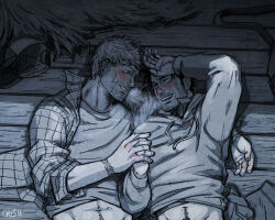 Rule 34 | 2boys, afterglow, aftersex, alternate facial hair, bara, beard stubble, black hair, blonde hair, blush, breath, couple, cris art, ear piercing, eye contact, facial hair, farm, from above, hand on own forehead, hay, hood, hoodie, hulkling, interlocked fingers, layered shirt, long sideburns, looking at another, lying, male focus, marvel, midriff peek, multiple boys, mustache stubble, navel, navel hair, on back, open clothes, open shirt, out-of-frame censoring, piercing, short hair, sideburns, smile, spot color, stubble, thick eyebrows, toned, toned male, upper body, wiccan, yaoi