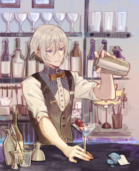 Rule 34 | 1boy, bar (place), bartender, blouse, blue eyes, bottle, bow, bowtie, cherry, cocktail glass, csyday, cup, drinking glass, fate/grand order, fate (series), food, fruit, gem, grey hair, hair between eyes, highres, male focus, pouring, prince of lan ling (fate), shirt, short hair, solo, waistcoat, white shirt