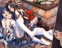 Rule 34 | 1boy, 2girls, alcohol, all fours, bare shoulders, black hair, blue eyes, blue panties, blush, bottle, clothes pull, commentary request, detached sleeves, drunk, embarrassed, fate/grand order, fate (series), feet, food, frilled sleeves, frills, fruit, hair ornament, haneru, horns, indoors, japanese clothes, kimono, kotatsu, long hair, looking at viewer, looking back, lying, mandarin orange, multiple girls, no shoes, on back, oni horns, open mouth, opening door, panties, panties under pantyhose, pantyhose, pantyhose pull, parted bangs, petals, plate, pov, pov hands, red eyes, sake, sake bottle, side ponytail, striped clothes, striped panties, table, tomoe gozen (fate), underwear, undressing, ushiwakamaru (fate), ushiwakamaru (formal dress) (fate), very long hair, white hair, white legwear, yuri
