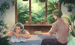 Rule 34 | 2boys, artist name, bathing, bathtub, black pants, blue eyes, braid, bright pupils, brown shirt, buddha (shuumatsu no valkyrie), candle, closed mouth, dreaming oor, earrings, facial mark, feet out of frame, fins, forehead mark, green hair, hanging plant, head rest, highres, holding hands, indoors, jewelry, loki (shuumatsu no valkyrie), long hair, looking to the side, male focus, monster boy, monsterification, multiple boys, pants, partially submerged, plant, shirt, short eyebrows, short hair, shuumatsu no valkyrie, sitting, sleeves pushed up, sunlight, taur, thai commentary, towel, turtleneck, tusks, twitter username, wet, window