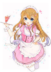 Rule 34 | 1girl, absurdres, alternate costume, apron, blue eyes, blush, bow, bowtie, brown hair, dress, enmaided, heart, highres, holding, holding tray, idolmaster, idolmaster million live!, kousaka umi, long braid, looking at viewer, maid, maid apron, maid headdress, parfait, pink bow, pink bowtie, pink dress, puffy short sleeves, puffy sleeves, shishiodoshi, short sleeves, smile, solo, thighhighs, tray, triangle, white apron, white thighhighs, wrist cuffs, zettai ryouiki