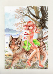 Rule 34 | 1girl, bandaged arm, bandages, bird, bug, bun cover, butterfly, cherry blossoms, colored pencil (medium), cuffs, double bun, eagle, flower, hair bun, ibaraki kasen, bug, looking at viewer, marker (medium), mosho, painting (medium), petals, red eyes, red hair, rose, shackles, shirt, sitting, skirt, smile, solo, tabard, tiger, touhou, traditional media, tree, watercolor (medium)