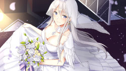 Rule 34 | 1girl, alternate costume, azur lane, bare shoulders, bell, bouquet, bow, breasts, bridal veil, choker, cleavage, closed mouth, clothes lift, collarbone, dress, dress lift, earrings, enterprise (azur lane), enterprise (starlight oath) (azur lane), eyebrows, floating hair, flower, from above, hair between eyes, highres, holding, holding bouquet, indoors, jewelry, large breasts, leaf, long hair, necklace, petals, purple eyes, rose, sidelocks, silver hair, smile, solo, standing, straight hair, strapless, strapless dress, tiara, veil, wedding dress, white bow, white dress, white flower, white rose, youki yt