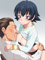 Rule 34 | 1boy, 1girl, age difference, aoi chiharu, beyblade, beyblade: burst, black bra, black hair, black panties, blush, bra, bra pull, breast sucking, breastfeeding, breasts, brown hair, chair, character request, closed eyes, clothes lift, clothes pull, gradient background, grey background, hetero, lactation, light smile, long sleeves, looking at another, mature female, medium breasts, meow (nekodenki), nipples, old, old man, panties, purple eyes, shirt, shirt lift, short hair, simple background, sitting, sitting on lap, sitting on person, small breasts, smile, sweater, sweater lift, underwear