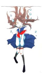 Rule 34 | 1girl, air bubble, black footwear, blue sailor collar, blue skirt, brown hair, bubble, blowing bubbles, commentary, floating hair, full body, grey socks, kneehighs, long hair, long sleeves, looking at viewer, neckerchief, original, pleated skirt, red neckerchief, sailor collar, sailor shirt, school uniform, serafuku, shirt, shoes, simple background, skirt, socks, solo, submerged, tareme, tokunaga aoi, traditional media, underwater, water, white background, white shirt