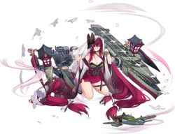 Rule 34 | 1girl, absurdly long hair, aircraft, azur lane, bare shoulders, breasts, chitose (azur lane), claw ring, cleavage, closed mouth, flight deck, fox mask, halterneck, hands up, highres, japanese clothes, kneeling, large breasts, long hair, looking at viewer, machinery, mask, mask on head, miniskirt, off shoulder, official art, paper, petals, pleated skirt, purple eyes, red hair, red skirt, shikigami, skirt, solo, string, transparent background, turret, veil, very long hair, wide sleeves, yuui hutabakirage