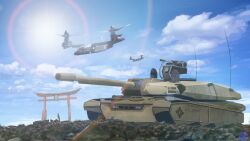 Rule 34 | aircraft, blue sky, chinese commentary, cloud, commentary request, highres, military, military vehicle, motor vehicle, no humans, original, outdoors, ptsd0818, radio antenna, scenery, science fiction, sky, tank, tiltrotor, turret, united states army, vehicle focus
