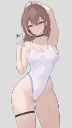 Rule 34 | 1girl, absurdres, ahoge, arm up, black choker, breasts, brown eyes, brown hair, cellphone, choker, chyraliss, contrapposto, covered navel, cowboy shot, highleg, highleg swimsuit, highres, holding, holding phone, hololive, hololive english, medium breasts, nanashi mumei, one-piece swimsuit, parted bangs, phone, selfie, smartphone, solo, swimsuit, thigh strap, thighs, virtual youtuber, white one-piece swimsuit
