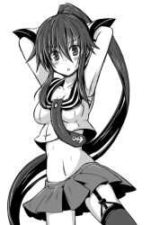 Rule 34 | 10s, 1girl, armpits, arms behind back, arms up, clothing cutout, greyscale, ichimi, kantai collection, long hair, looking at viewer, monochrome, navel, navel cutout, personification, ponytail, skirt, solo, very long hair, yahagi (kancolle)