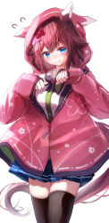 Rule 34 | 1girl, absurdres, alternate costume, animal ears, blush, breasts, closed mouth, commentary request, flower, fujimoto setsuna, hair between eyes, hair flower, hair ornament, highres, hood, hoodie, horse ears, horse tail, looking at viewer, medium breasts, paw pose, pink hair, sakura chiyono o (umamusume), simple background, smile, solo, tail, umamusume, white background