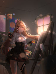 Rule 34 | 1girl, absurdres, ahoge, black gloves, black skirt, breasts, brown eyes, brown hair, brown thighhighs, canvas (object), commentary request, easel, feather hair ornament, feathers, friend (nanashi mumei), gloves, hair between eyes, hair ornament, high-waist skirt, highres, holding, holding paintbrush, holding palette, hololive, hololive english, indoors, long hair, long sleeves, looking away, medium breasts, nanashi mumei, nenu 1583, paintbrush, palette (object), partially fingerless gloves, shirt, single thighhigh, skirt, solo, standing, thighhighs, very long hair, virtual youtuber, white shirt, window