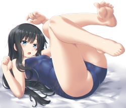 Rule 34 | 1girl, asashio (kancolle), bare shoulders, barefoot, black hair, blue eyes, blue one-piece swimsuit, breasts, competition school swimsuit, dd (ijigendd), full body, highres, kantai collection, legs, legs up, long hair, looking at viewer, one-piece swimsuit, school swimsuit, small breasts, solo, swimsuit, thighs, white background