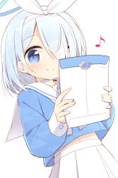 Rule 34 | 1girl, arona (blue archive), ayanepuna, blue archive, blue eyes, blue hair, blue shirt, closed mouth, commentary request, eighth note, envelope, flying sweatdrops, hair over one eye, hair ribbon, halo, highres, holding, holding envelope, long sleeves, looking at viewer, manila envelope, musical note, pleated skirt, puffy long sleeves, puffy sleeves, ribbon, sailor collar, school uniform, serafuku, shirt, simple background, skirt, sleeves past wrists, smile, solo, white background, white ribbon, white sailor collar, white skirt