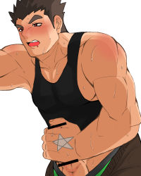 Rule 34 | 1boy, bar censor, bara, bare shoulders, black tank top, blush, censored, clothes pull, cowboy shot, drooling, erection, heart, heart-shaped pupils, highres, k ei3k, large pectorals, leaning forward, male focus, male masturbation, male pubic hair, protagonist 3 (housamo), masturbation, mouth drool, muscular, muscular male, pants, pants pull, pectoral cleavage, pectorals, penis, pubic hair, short hair, sideburns, sidepec, solo, sweat, symbol-shaped pupils, tank top, testicles, tokyo houkago summoners