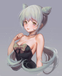 Rule 34 | 1girl, :p, breasts, caesty, choker, cleavage, double bun, female focus, grey background, looking at viewer, original, paw pose, silver hair, simple background, solo, strapless, tongue, tongue out
