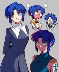 Rule 34 | angry, artist request, blue eyes, blue hair, blush, ciel (tsukihime), glasses, highres, looking at viewer, smile, tattoo, tsukihime