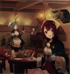 Rule 34 | 1boy, 2girls, absurdres, animal ears, apron, atelier (series), atelier sophie, blue hair, blush, book, bow, braid, braided bangs, breasts, brown eyes, brown hair, corset, cup, employee uniform, facial hair, floating, floating book, floating object, green hair, highres, horst basler, huge filesize, instrument, jewelry, long hair, looking at viewer, maid apron, multiple girls, noco (adamas), official art, open mouth, piano, rabbit ears, scan, short hair, sophie neuenmuller, tess heitzmann, uniform