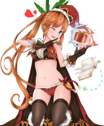 Rule 34 | 10s, 1girl, ;d, absurdres, bikini, black gloves, black thighhighs, blue eyes, blush, book, boots, box, breasts, cape, christmas, clarisse (granblue fantasy), fire, frilled gloves, frills, gift, gift box, gloves, granblue fantasy, hat, heart, highres, kneeling, legs up, long hair, looking at viewer, magic, medium breasts, navel, one eye closed, open book, open mouth, orb, pointing, ponytail, santa hat, simple background, smile, solo, swimsuit, thighhighs, tiemu (man190), very long hair, water, white background