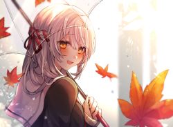 Rule 34 | 1girl, autumn leaves, bad id, bad pixiv id, black shirt, blurry, blurry background, blush, braid, brown eyes, commentary request, depth of field, hair between eyes, hair ribbon, hand up, holding, holding umbrella, leaf, long hair, long sleeves, looking at viewer, looking to the side, maple leaf, original, red ribbon, ribbon, sailor collar, school uniform, serafuku, shikino yuki, shirt, silver hair, sleeves past wrists, solo, transparent, transparent umbrella, umbrella, upper body, white sailor collar