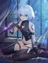 Rule 34 | 1girl, bandaged arm, bandages, bare shoulders, black footwear, black gloves, black panties, black shirt, black thighhighs, blush, boots, breasts, cloud, cloudy sky, commentary request, curtains, dagger, fate/apocrypha, fate/grand order, fate (series), fingerless gloves, gloves, green eyes, hair between eyes, hayanpool, highres, holding, holding dagger, holding knife, holding weapon, indoors, jack the ripper (fate/apocrypha), knife, looking at viewer, navel, panties, parted lips, rain, revision, scar, scar across eye, scar on face, shirt, shoulder tattoo, silver hair, single glove, sitting, sky, sleeveless, sleeveless shirt, small breasts, solo, tattoo, thigh boots, thighhighs, underwear, wariza, weapon, window