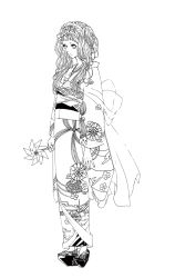 Rule 34 | 1girl, 24 ch, egasumi, flower, frills, greyscale, hairband, highres, japanese clothes, kimono, long hair, monochrome, original, pinwheel, sandals, socks, solo, tabi, twintails