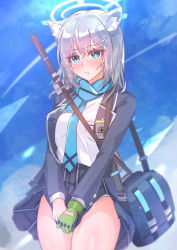 Rule 34 | :o, absurdres, animal ear fluff, animal ears, assault rifle, bag, black jacket, blue archive, blue eyes, blue scarf, blue sky, blush, breasts, bright pupils, cat ears, covering privates, covering crotch, cowboy shot, day, gloves, green gloves, grey hair, halo, highres, jacket, long sleeves, medium breasts, miniskirt, mismatched pupils, muteppona hito, open clothes, open jacket, outdoors, panties, panty peek, parted lips, plaid, plaid skirt, pleated skirt, scarf, shiroko (blue archive), shirt, short hair, shoulder bag, sig sauer 556, single glove, skirt, sky, thighs, underwear, upskirt, weapon, weapon on back, white panties, white shirt, wind, wind lift
