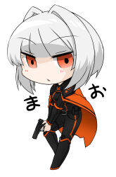 Rule 34 | 1girl, black coat, black footwear, black pants, boots, cape, character name, chibi, coat, commentary request, gun, hair intakes, highres, holding, holding gun, holding weapon, lobotomy corporation, long sleeves, myo (project moon), no nose, open mouth, orange cape, orange eyes, pants, project moon, short hair, simple background, solo, touyakakasi, translated, weapon, white background, white hair