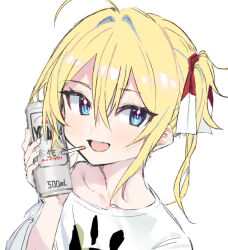 Rule 34 | 1girl, ahoge, alcohol, beer, beer can, blonde hair, blue eyes, blush, can, cigarette, drink can, hair between eyes, hair ribbon, holding, holding can, indie virtual youtuber, looking at viewer, open mouth, pinch (nesume), portrait, ribbon, shirt, simple background, sketch, solo, t-shirt, virtual youtuber, white background, white shirt, yamada sora