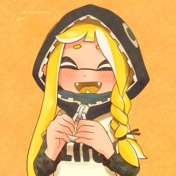 Rule 34 | 1girl, ^ ^, animal hood, blonde hair, braid, closed eyes, commentary, dot nose, english commentary, fangs, highres, hood, inkling, inkling girl, inkling player character, jaspermendez72, long hair, nintendo, open mouth, single braid, smile, solo, splatoon (series), splatoon 3, tentacle hair, upper body, yellow background, zipper pull tab