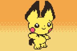 Rule 34 | animal focus, animated, animated gif, arm up, arms up, black eyes, blinking, blush stickers, bright pupils, commission, creatures (company), full body, game freak, gen 2 pokemon, happy, leg up, looping animation, lowres, nintendo, no humans, open mouth, orange background, pichu, pixel art, pokemon, pokemon (creature), simple background, smile, solo, spinning, standing, standing on one leg, two-tone background, white pupils, wisgarus