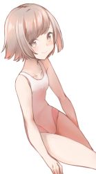 Rule 34 | 1girl, bare arms, bare shoulders, brown eyes, brown hair, closed mouth, collarbone, comah, highres, looking at viewer, one-piece swimsuit, original, short hair, simple background, sitting, smile, solo, swimsuit, white background, white one-piece swimsuit