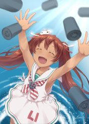 Rule 34 | 1girl, brown hair, dark-skinned female, dark skin, depth charge, dress, closed eyes, fang, hat, kantai collection, libeccio (kancolle), long hair, mini hat, nao (nao eg), neckerchief, open mouth, sailor dress, sleeveless, sleeveless dress, solo, striped neckerchief, twintails