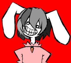 Rule 34 | 1girl, animal ears, artist request, bad id, bad pixiv id, carrot necklace, creepy, evil grin, evil smile, female focus, grin, hair between eyes, horror (theme), inaba tewi, jewelry, necklace, rabbit ears, red background, short hair, simple background, smile, solo, touhou, upper body