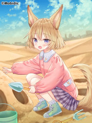Rule 34 | 1girl, animal ears, blonde hair, blue sky, blush, bucket, cloud, cloudy sky, collared shirt, commentary request, copyright request, day, desert, dress shirt, fox ears, fox girl, fox tail, frilled shirt collar, frills, green footwear, hair between eyes, holding, long sleeves, looking at viewer, open mouth, outdoors, pink shirt, plaid, plaid skirt, pleated skirt, puffy long sleeves, puffy sleeves, purple eyes, purple skirt, ribbed legwear, sand, sand sculpture, shirt, shoes, short hair, skirt, sky, sleeves past wrists, socks, solo, squatting, tail, trowel, yuuki rika