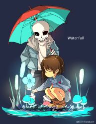 Rule 34 | 1boy, 1other, = =, ahoge, androgynous, artist name, black sclera, blue background, blue flower, blue sweater, brown footwear, brown hair, closed eyes, colored sclera, drawstring, flower, frisk (undertale), from side, full body, glowing, grin, hand in pocket, hand on own knee, hashtag-only commentary, highres, holding, holding umbrella, hood, hood down, hooded jacket, jacket, long sleeves, mushroom, no mouth, plant, profile, sans (undertale), shirt, short hair, skeleton, smile, socks, sonokare, squatting, standing, sweater, twitter username, umbrella, undertale, white eyes, white shirt, white socks