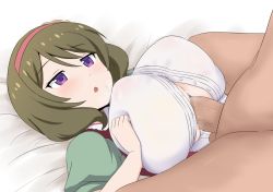 Rule 34 | 10s, 1boy, 1girl, bed, blouse, blush, breasts, clothed female nude male, clothed sex, covered erect nipples, cum, cum on body, cum on breasts, cum on upper body, erection, flower, green hair, hair flower, hair ornament, hairband, hetero, hinako note, huge breasts, kuroyanagi ruriko, naozuri, no bra, nude, open mouth, oppai loli, paizuri, paizuri under clothes, penis, purple eyes, shirt, solo focus, uncensored, white shirt