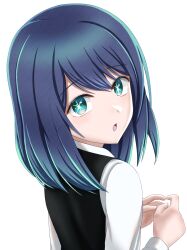 Rule 34 | 1girl, absurdres, black sweater vest, blue eyes, blue hair, commentary request, dark blue hair, from behind, hands up, highres, kurokawa akane, long sleeves, looking at viewer, midori mushi, open mouth, oshi no ko, school uniform, shirt, short hair, simple background, solo, star-shaped pupils, star (symbol), sweater vest, symbol-shaped pupils, white background, white shirt