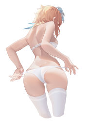 Rule 34 | 1girl, absurdres, ass, back, bare arms, bare shoulders, blonde hair, blue flower, bra, breasts, butt crack, cropped legs, feather hair ornament, feathers, flower, from behind, from below, fujiko sugi, genshin impact, hair flower, hair ornament, highres, lumine (genshin impact), medium breasts, panties, panty pull, pulled by self, short hair, short hair with long locks, sideboob, simple background, skindentation, solo, thighhighs, underwear, underwear only, white background, white bra, white panties, white thighhighs