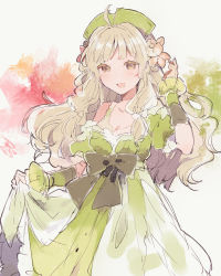 Rule 34 | 1girl, :d, ahoge, atelier (series), atelier ayesha, ayesha altugle, bad id, bad twitter id, blonde hair, blush, bow, brown eyes, dress, floating hair, flower, green dress, green hat, grey bow, hair flower, hair ornament, hand up, hat, highres, ikeuchi tanuma, long hair, looking at viewer, open mouth, pink flower, smile, solo, standing