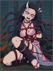 Rule 34 | 1girl, angry, arms behind back, bdsm, between breasts, black hair, bondage, bound, breasts, checkered sash, cleavage, collarbone, demon girl, demon horns, fangs, ffffff, full body, horns, japanese clothes, kamado nezuko, kimetsu no yaiba, kimono, long hair, long sleeves, open clothes, open mouth, pink kimono, restrained, sharpffffff, shibari, slippers, solo, veins, very long hair