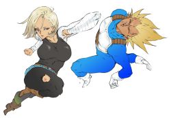 Rule 34 | 1boy, 1girl, android 18, attack, blonde hair, blood, blue eyes, boots, breasts, clenched hand, curvy, dragon ball, dragonball z, earrings, fighting, gloves, highres, jewelry, kyuraa (kyura9een), saiyan, short hair, simple background, super saiyan, thick thighs, thighs, torn clothes, vegeta, white background
