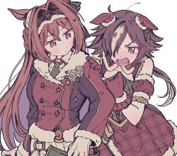 Rule 34 | 2girls, animal ears, bare shoulders, brown hair, christmas, circlet, closed mouth, collared shirt, cosplay, costume switch, daiwa scarlet (scarlet nuit etoile) (umamusume), daiwa scarlet (umamusume), dress, fur jacket, gloves, green necktie, hair over one eye, highres, horse ears, horse girl, horse tail, jacket, long hair, long sleeves, multiple girls, necktie, open mouth, orange hair, purple eyes, red dress, red gloves, red jacket, satomachi, shirt, simple background, tail, umamusume, v-shaped eyebrows, vodka (nonfreezing aqua vitae) (umamusume), vodka (nonfreezing aqua vitae) (umamusume) (cosplay), vodka (umamusume), white background, white gloves, white shirt, yellow eyes