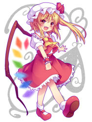 Rule 34 | 1girl, ascot, bad id, bad pixiv id, blonde hair, child, embodiment of scarlet devil, artistic error, fang, female focus, flandre scarlet, hat, hat ribbon, mary janes, minato0618, open mouth, red eyes, ribbon, shoes, short hair, side ponytail, skirt, skirt set, smile, solo, touhou, walking, white legwear, wings, wrist cuffs
